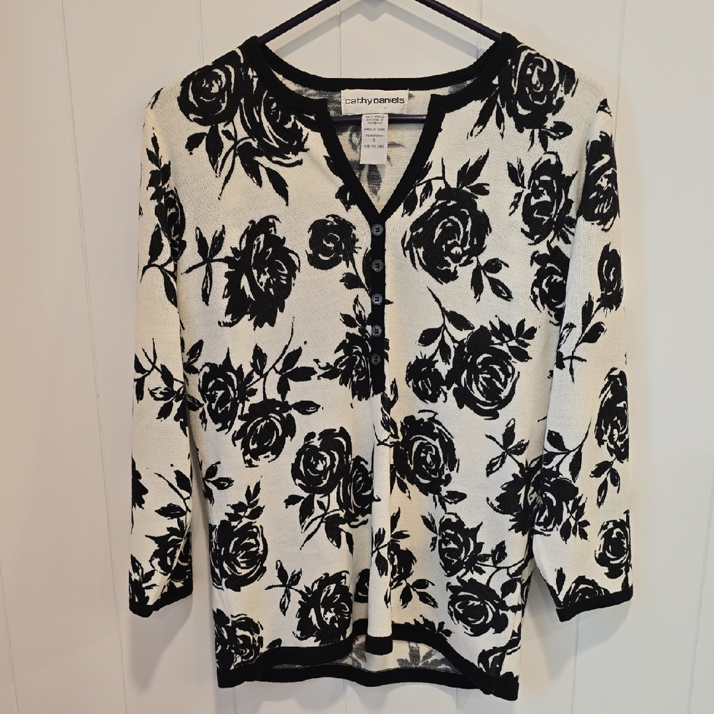Cathy Daniels V-Neck Sweater with Black Floral Design